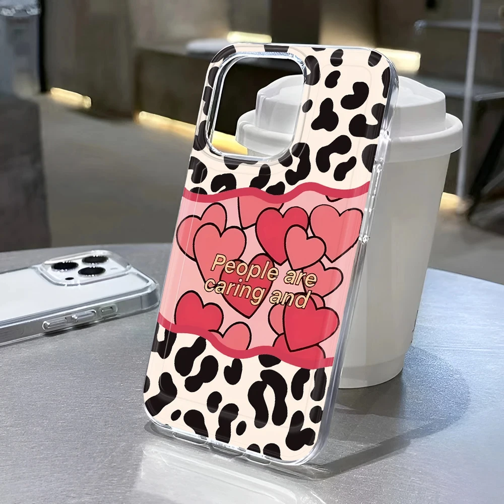 Casing HP INS Motif Leopard Love untuk iPhone 13 15 11 14 12 16 Pro Max 7 Plus 16e XR XS Max SE 2022 Bahan TPU Lembut Transparan