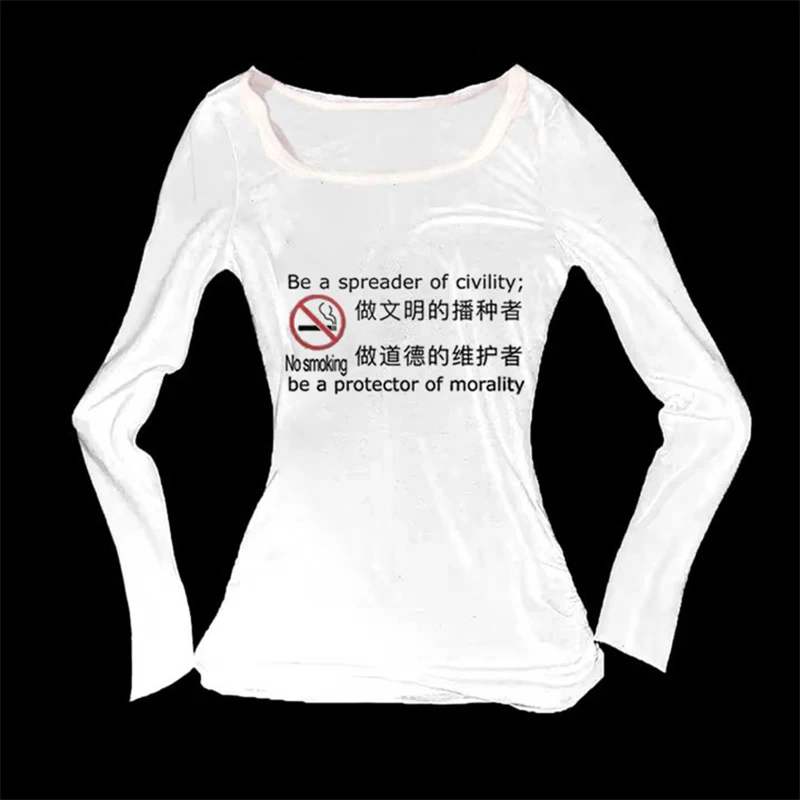 Y2K autumn and winter new women's T-shirt simple daily versatile white letter printed long sleeved base coat