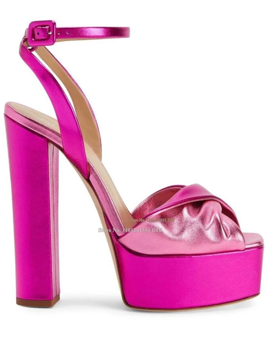 Hot Pink Double Betty Platform Metallic Peep Toe Sandals High Heel Shoes Women Open Toe Thick Platform Heeled Summer Party Shoes