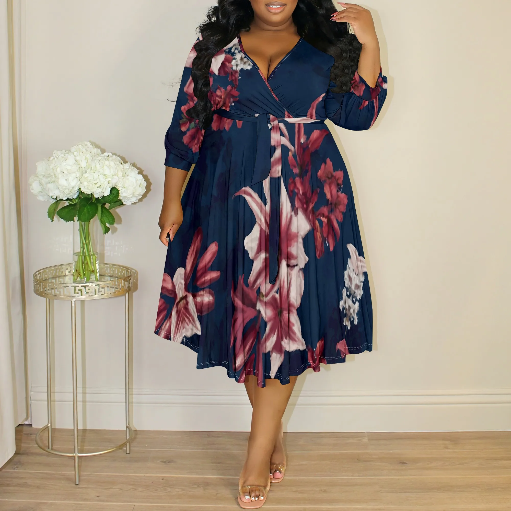 

Plus Size Floral Wrap Midi Dress XL-6XL V-Neck Tie Waist 3/4 Sleeve for Wedding Guest, Office or Autumn Party