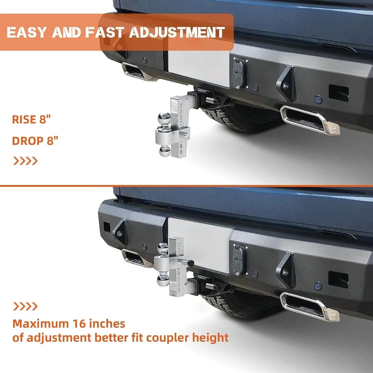 ZZH 調整可能トレーラーヒッチ（2.5インチレシーバー）8インチドロップ＆ライズ（12,500ポンド総積載重量）ヘビーデューティーアルミニウム牽引ヒッチデュアルボール（2インチ＆2-