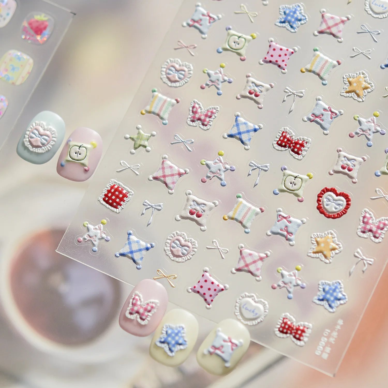 1 Sheet 3D Nail Stickers High Quality Cute Checkered Pillow Graffiti Block Design Adhesive Sticker Nail Art Decoration T-5669