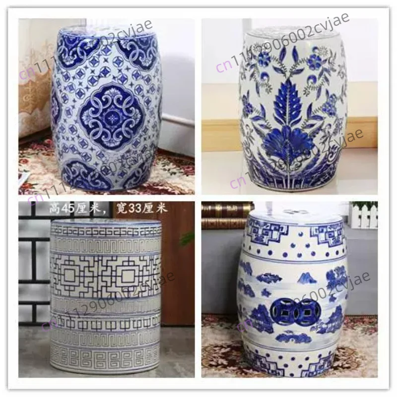 Hand-Drawn Blue and White Porcelain Drum Stool, Neoclassical Ceramic Shoe Changing Stool for Bathroom Low Round Seat