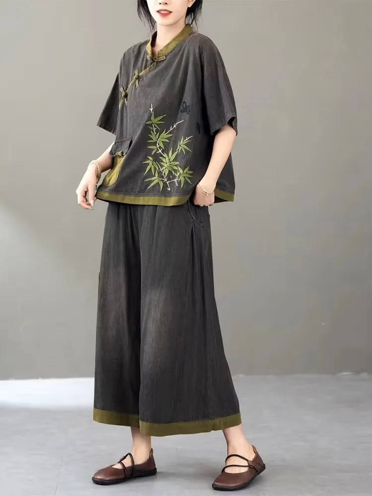 AmaxluluE Summer Womens Embroidery Plus Size 2 Pieces Sets Loose Casual Tops Wide Leg Pants Denim Outfits Fashion Floral Suits