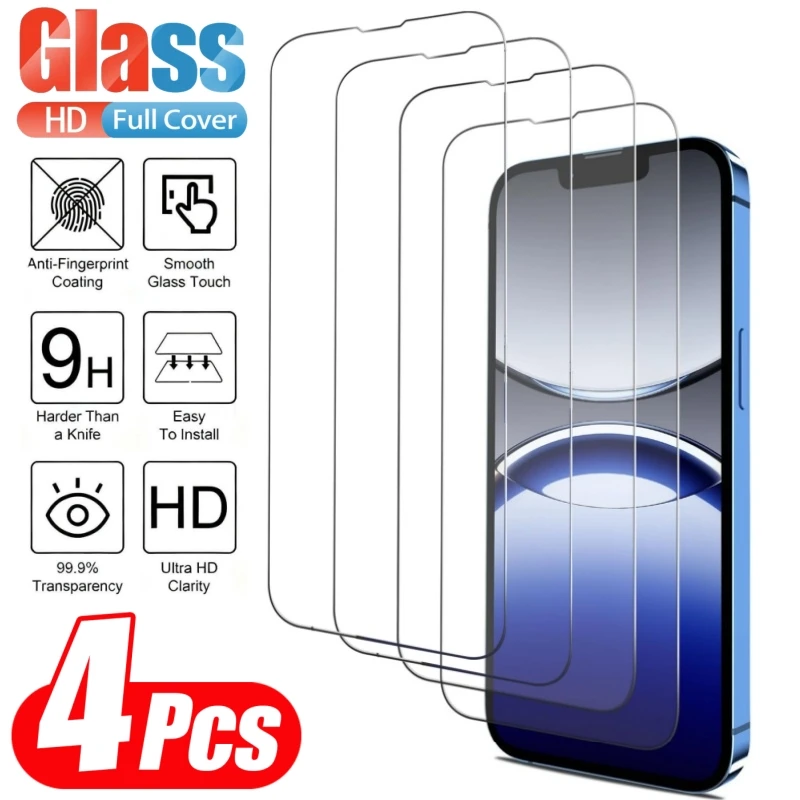 4 Stück HD Gehärtetes Glas Displayschutzfolie für iPhone 11 12 13 14 15 16 17 Pro Max 14 15 16 Plus Air 16e 17e Glasschutzfolie