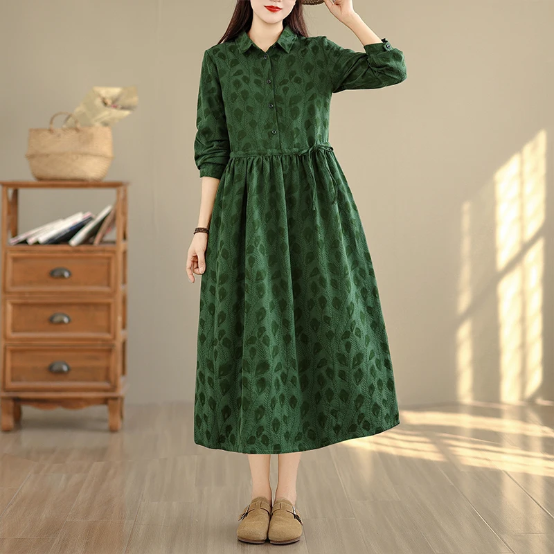 NYFS 2025 فساتين نسائية جديدة لخريف 2021 بأكمام طويلة فستان قميص من قماش الجاكار من القطن الخالص على شكل طاووس من ريش الطاووس