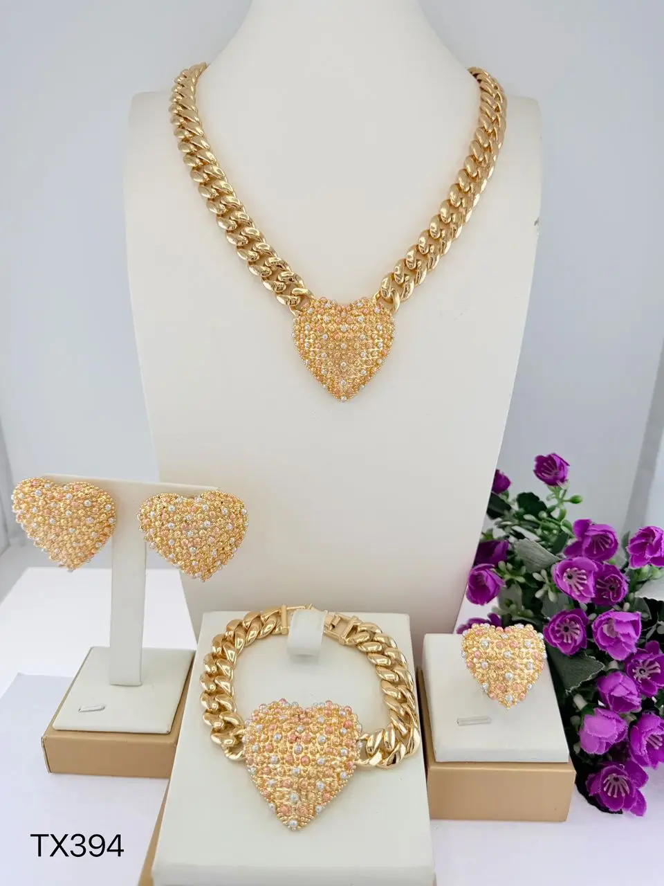 Simple Heart Shape Three Tone Shape Brazilian Jewelry set Chain llaveros Collar Pulseras pin Pendient tentacles Anillo 4PC Set