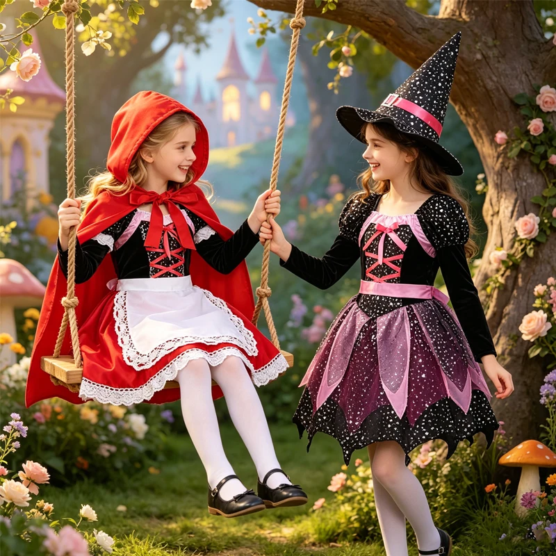2026 Kids Halloween Costume Little Red Riding Hood Clothes Carnival Party Dresses for Girls Vampire Cosplay Gown Holiday Gift