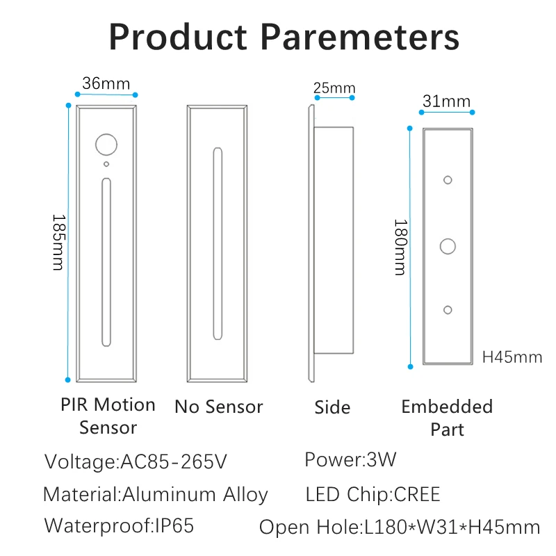 Wbudowane lampy ścienne 3W lampa z czujnikiem ruchu sterowania oświetleniem zewnętrznym lampami ściennymi do schodek korytarza