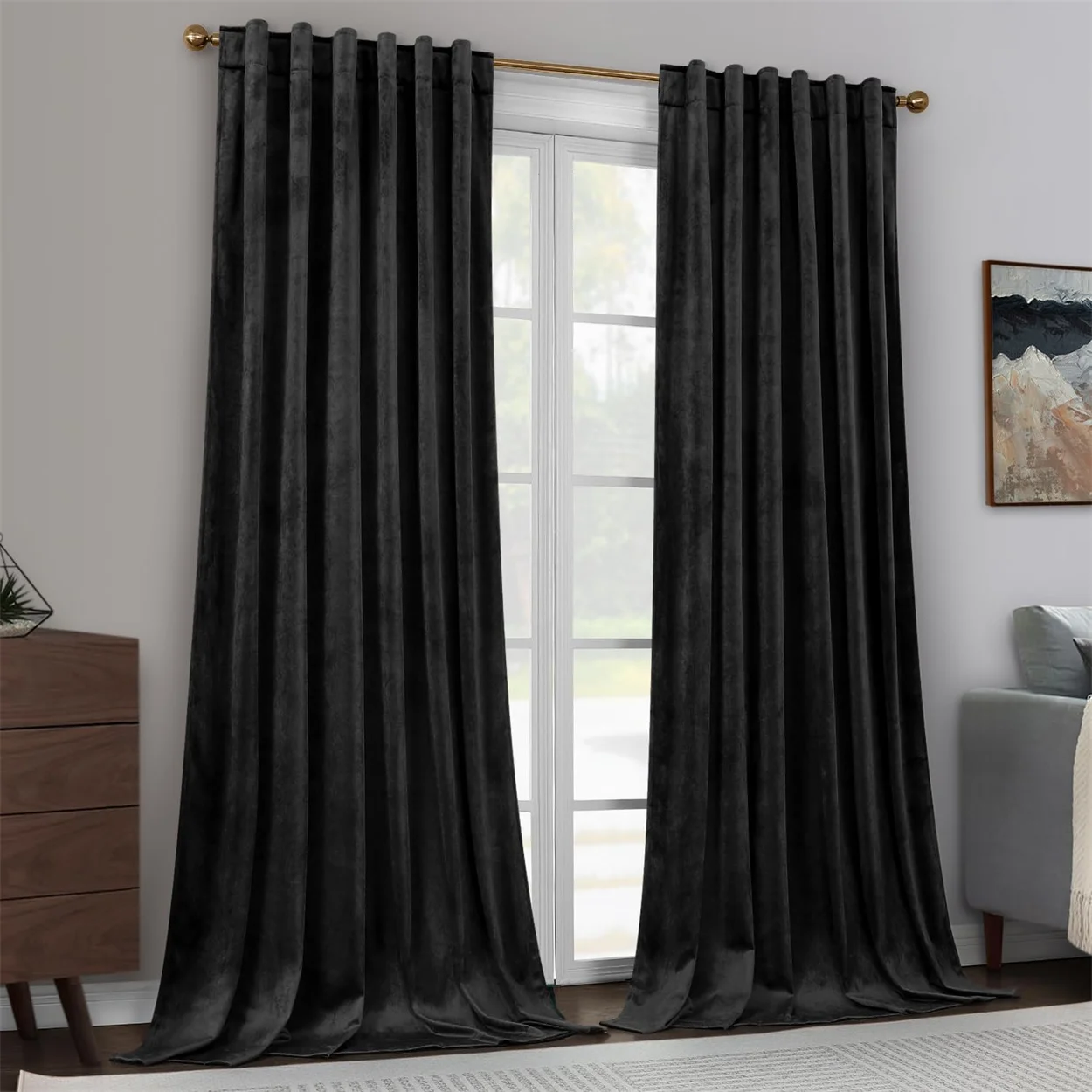 All Black Velvet Curtain Panels, Luxury Drapes Home Decor Living Room Bedroom Curtains Grommet Rod Pocket Back Tab Rings & Hooks