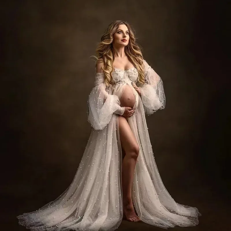 2023 New pearl white Pregnant Photography Dresses Soft Mesh Beaded Elegant Maternity Dress Long Sleeve off shoulder Sexy Dress