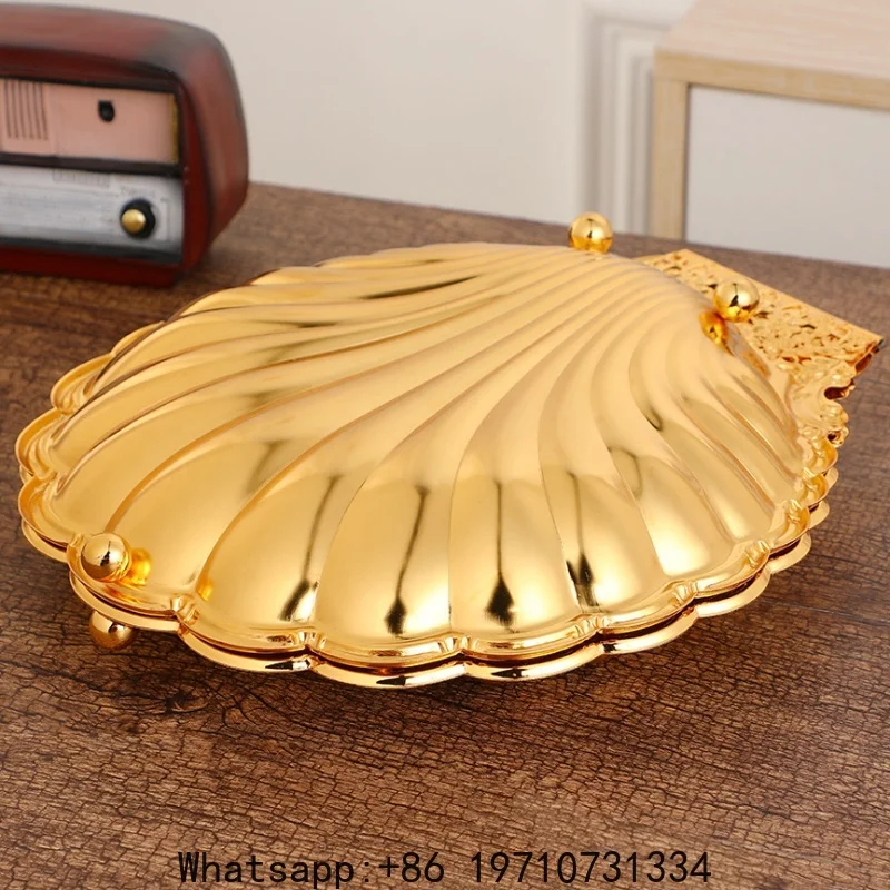 

European Fruit Plate, Alloy Household Shell Shape Open Plate, Gold Niche Retro Snack Plate, Home Tabletop Living Room Decoration