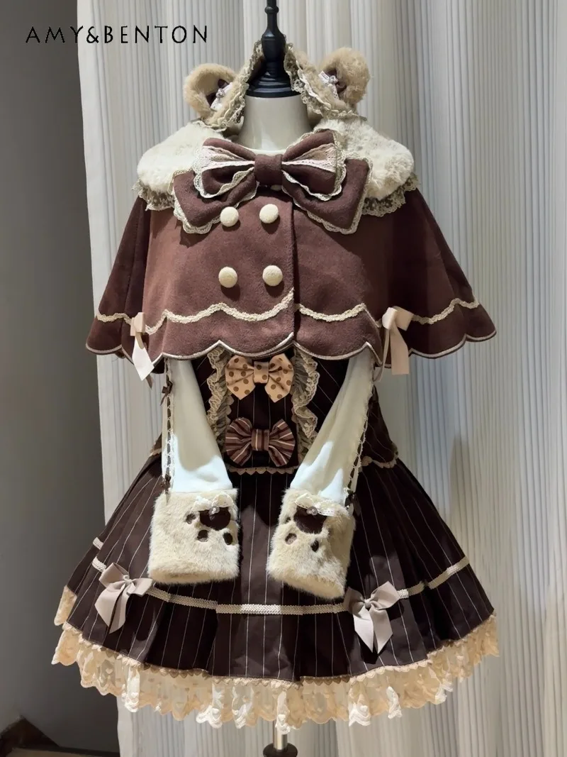 

Lolita Wool Cape Women Japanese Vintage Patchwork Color Bow Lace Collar Ruffled Short Shawl Elegant Fairy Style Princess Coat