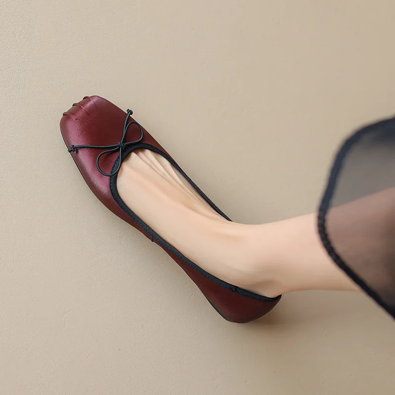 

Vintage Cow Leather Women's Flat shoes Bow Design Mary Jane Ladies' Casual Shoes Fashion Party Ballet Flats