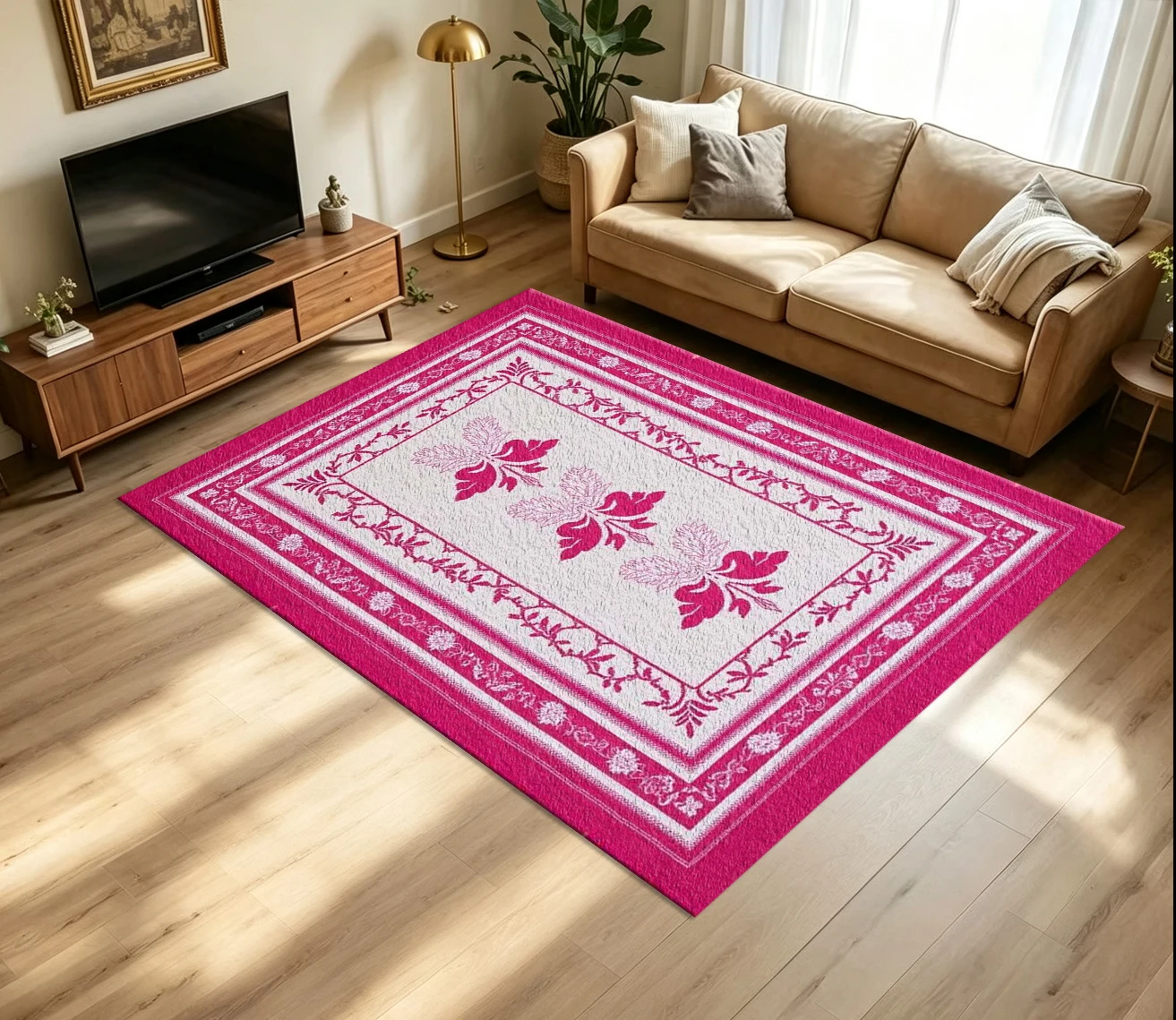 Retro Magenta Floral Leaf Carpet Flooring Multi‑Layer Ornate Vine Border Printed Floor Rug for Household Indoor Vintage Home Decoration