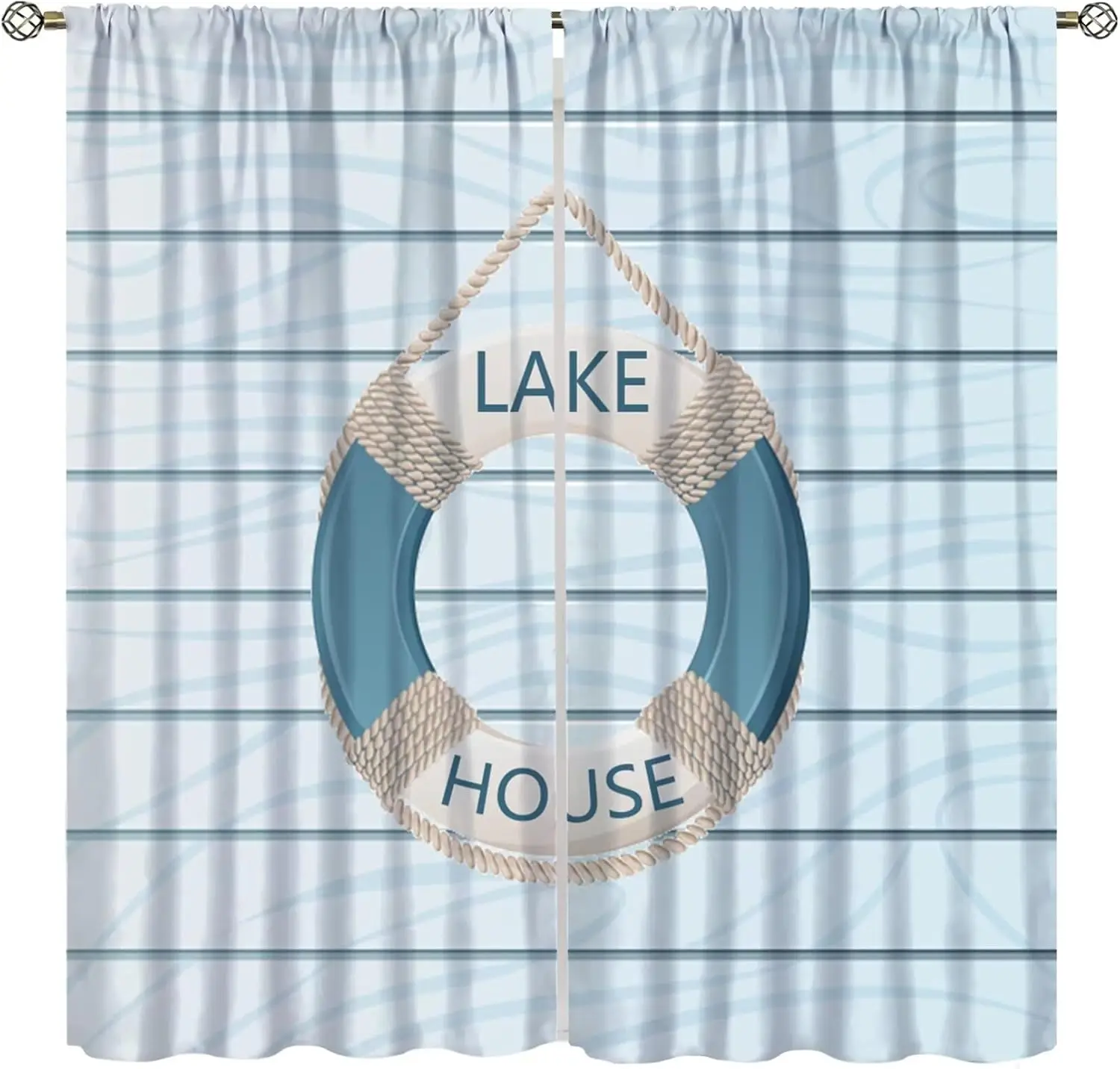 River House Curtains,Retro Rustic Farm Natural Scenery Lake Cabin Ocean Nautical Buoy Pattern Decor Window Treatments,for Kids