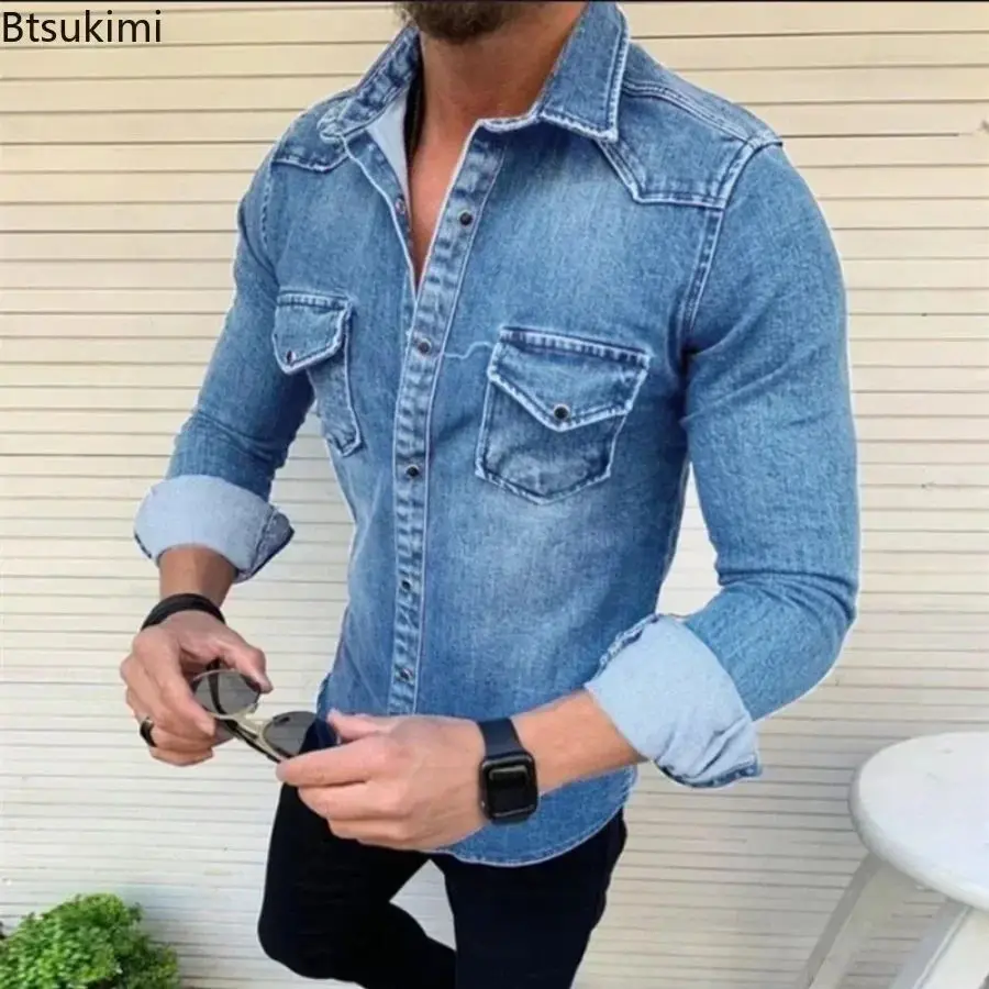 New Spring Autumn Men's Jeans Shirt Long Sve Denim Shirts Special Wide Fit Fleece Lined Thickened  Collar Nine Sleeve Length