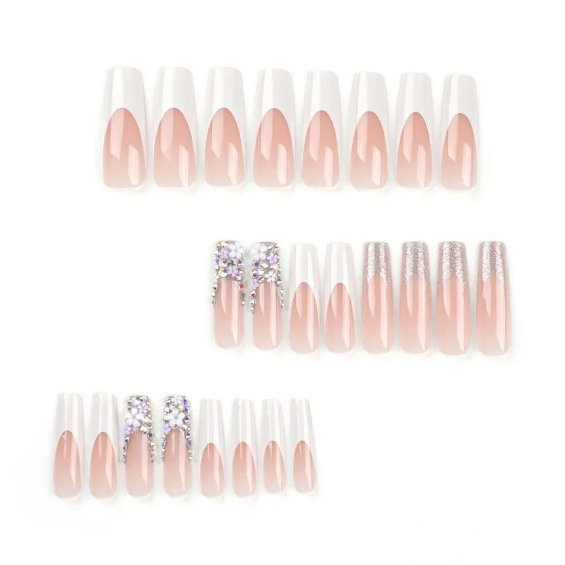 24 pçs unhas falsas brancas francesas com cola flor diamantes coloridos unhas falsas com cola extra longa meninas imprensa de luxo em unhas