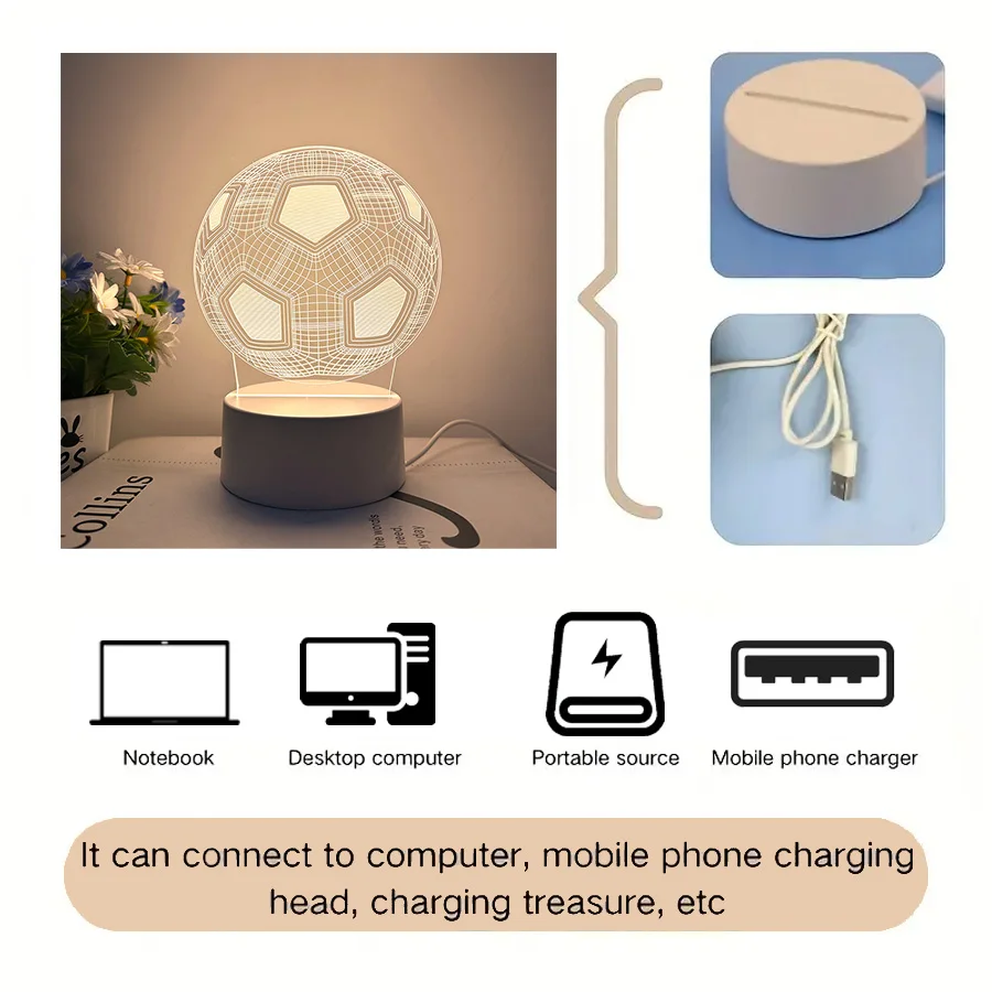 قطعة واحدة من ضوء الليل الإبداعي لكرة القدم ثلاثي الأبعاد يعمل بمنفذ USB، المنزل، الطاولة، ديكور غرفة المعيشة، ضوء ليلي هدية عيد الميلاد