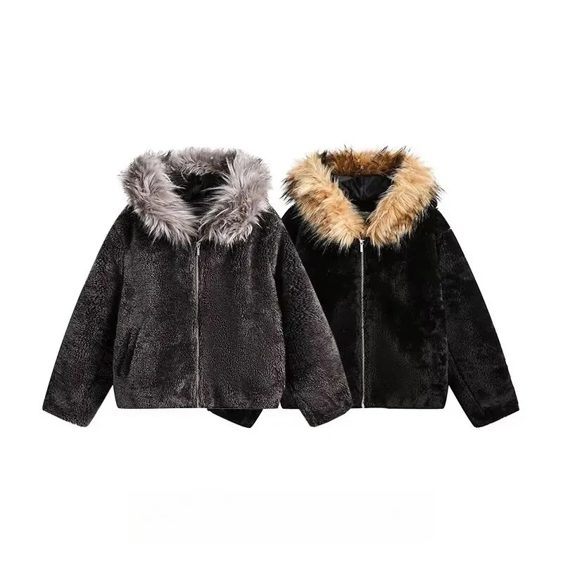 Men's Winter Sherpa Lined Hooded Jacket Faux Fur Collar Thickened Puffer Zip up Coat Warm Fleece Short Furry Parkas Outerwear