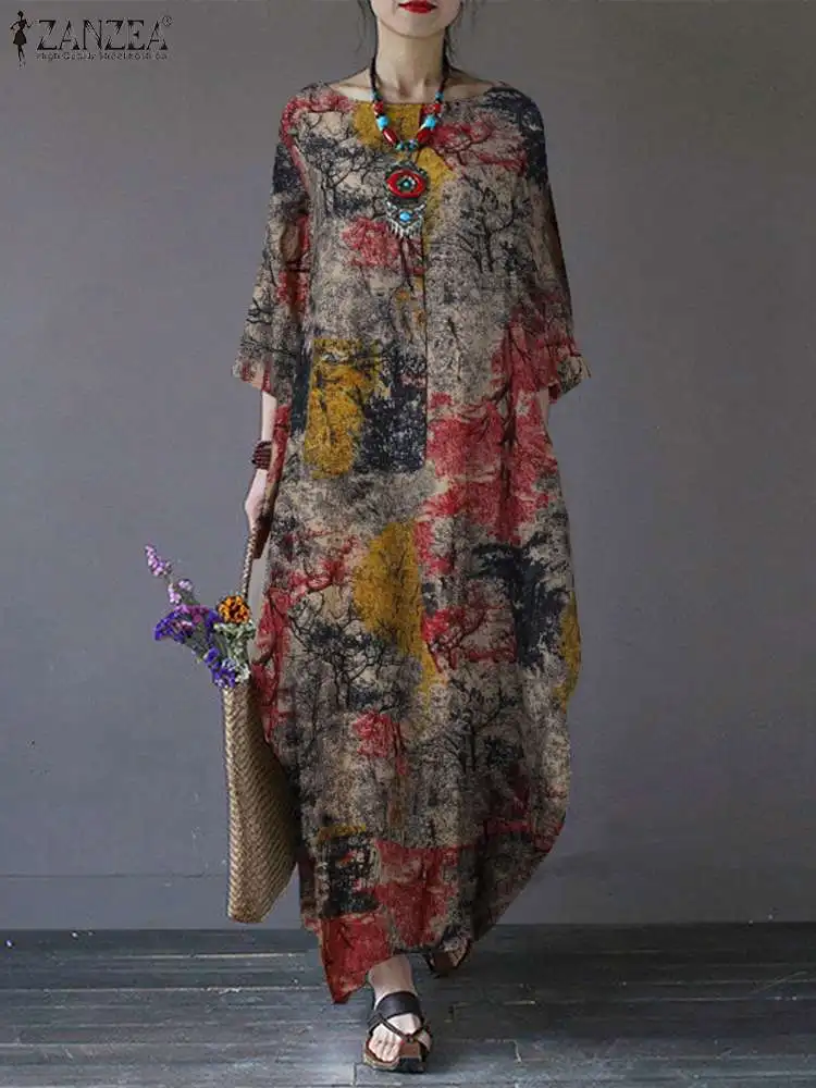 Vintage Bedrukte Jurken Zanzea Herfst Zonnejurk Vrouwen Bohemian Casual Lange Mouw O-Hals Jurk Elegante Losse Maxi Vestidos Gewaad