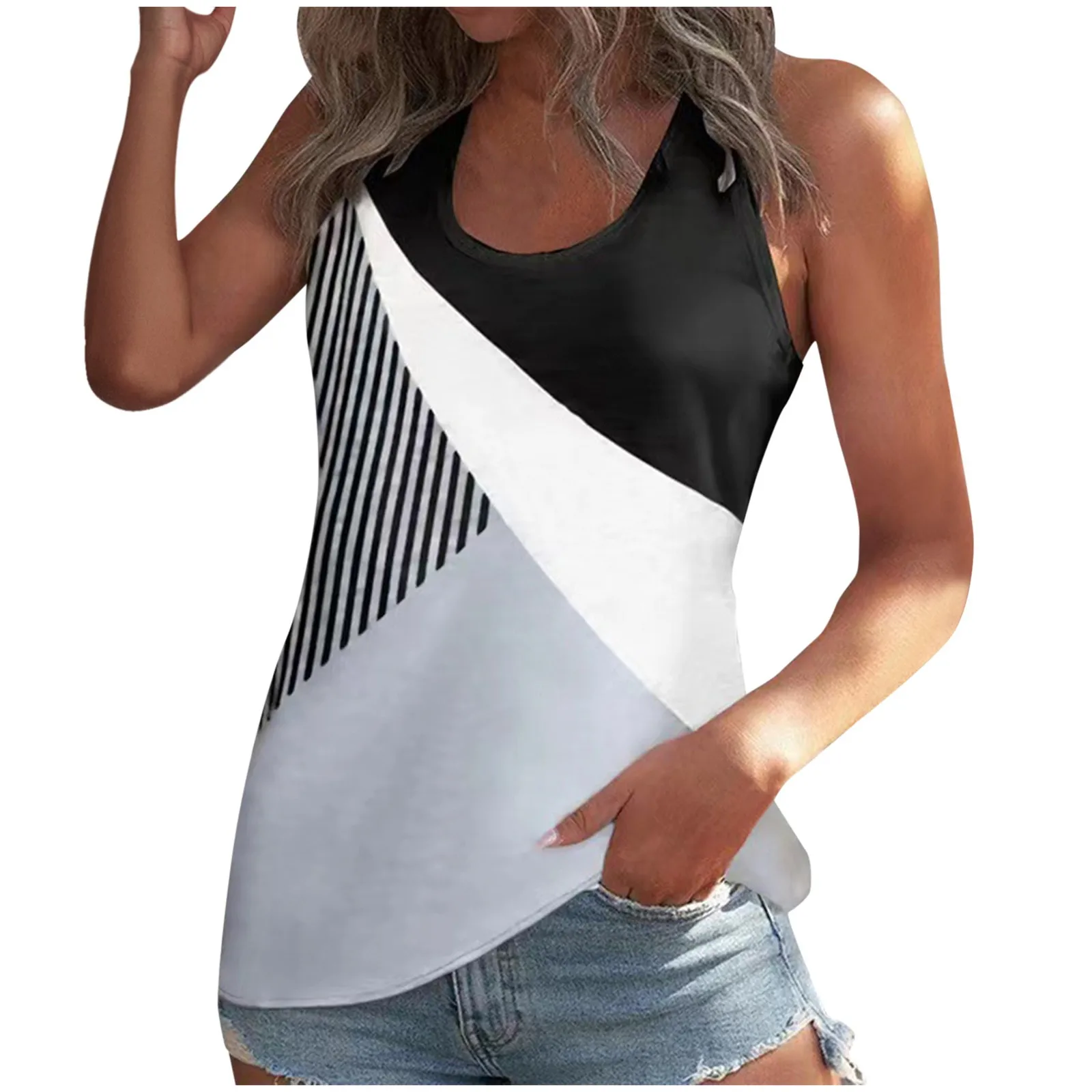 Women Fashion Casual Print Sleeveless Top Casual Shirt Vest U Round Neck Splice Tanks