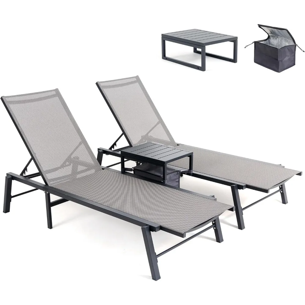 

Outdoor Lounge Chair Pieces Aluminum Patio Chaise Chairs Set, Pool Loungers with Side Table & Insulated Cooler Bag, Adjustable