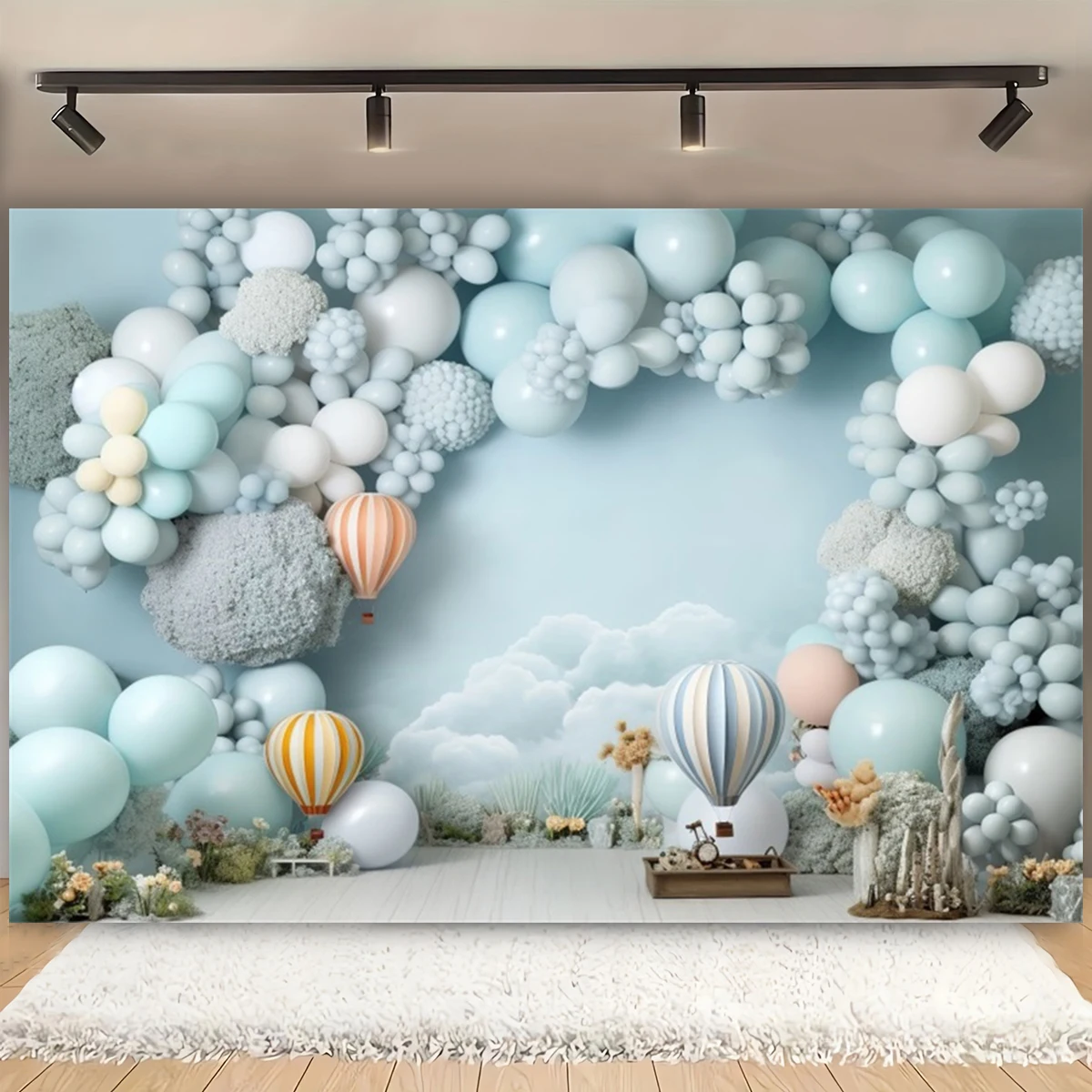 استحمام الطفل تيدي بير منطاد الهواء الساخن خلفية عيد الميلاد الأول بنين بنات 1st حفلة عيد ميلاد ديكور خلفية كابينة تصوير الدعائم