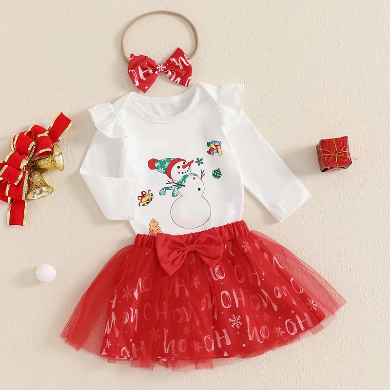 Toddler Girls Winter Holiday Dress with Matching Bow Headband Snowflake Print Crew Neck Long Sleeve  and Skirt Ensemble