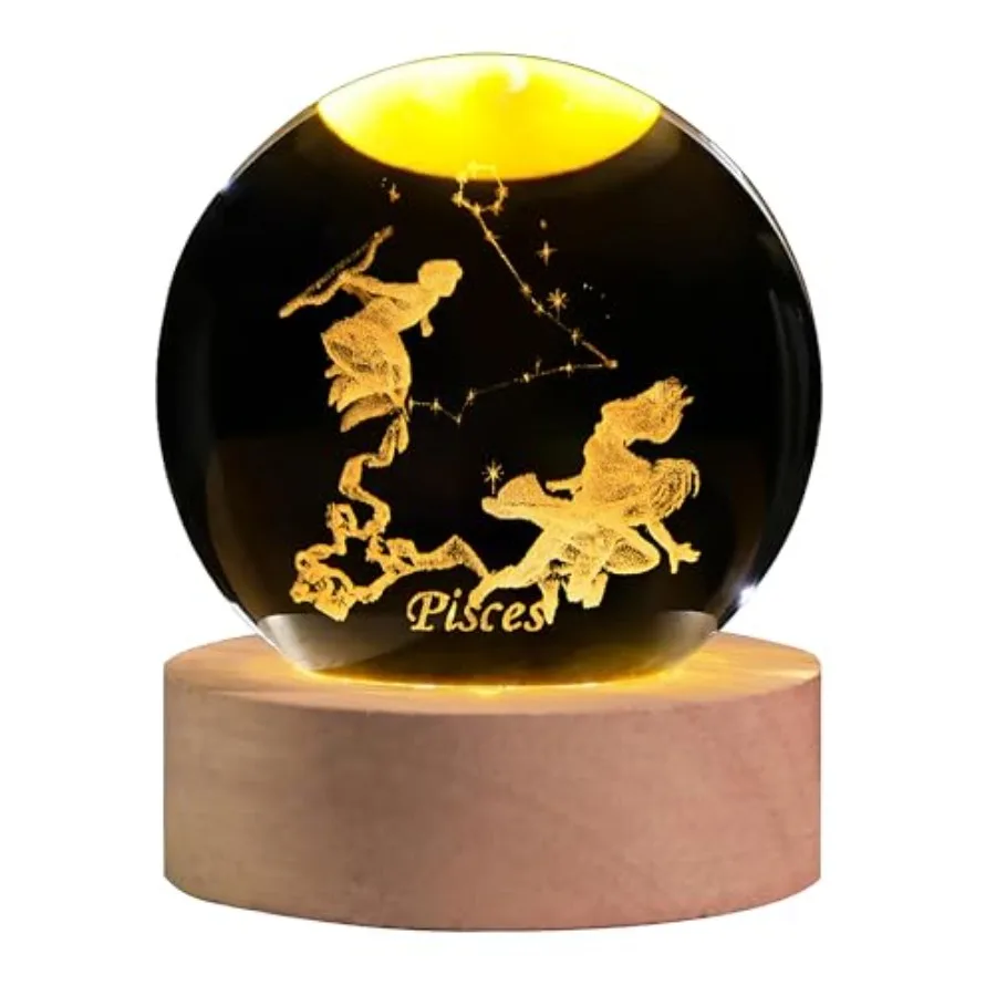 3D Laser Etched Crystal Ball with LED Light Stand, Constellation Decor Glass Sphere Lamp, Zodiac Astrology Birthday Gifts for W