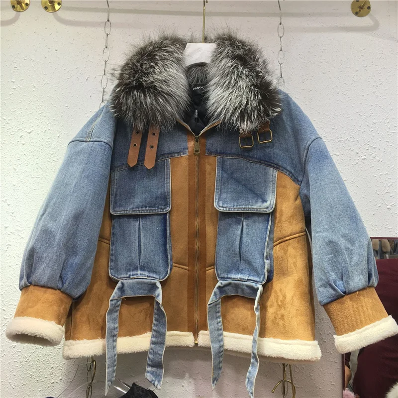 winter new fox fur 2023 collar double faced faux fur coat thick patchwork pocket rivet chain chic denim jacket female streetwear