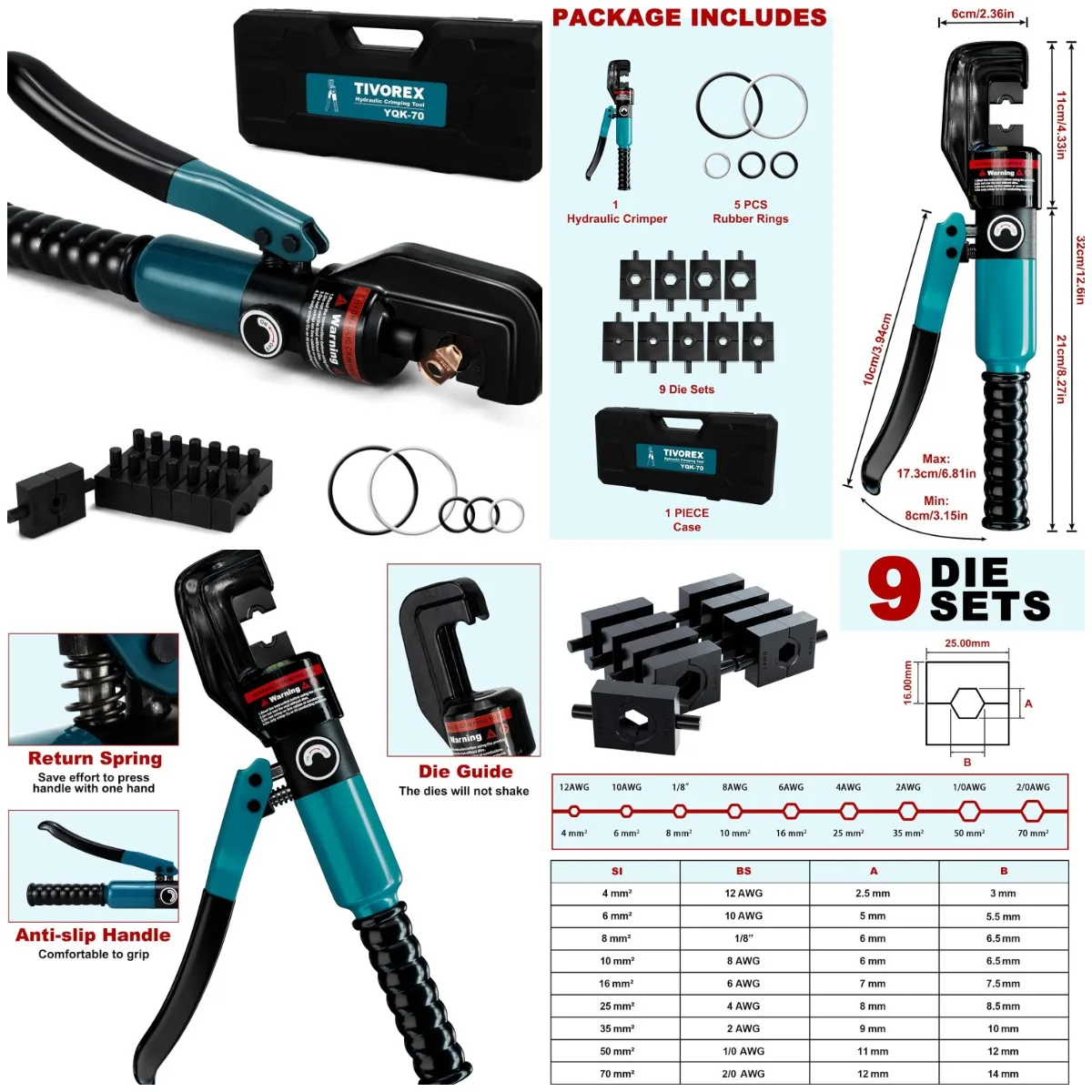 

Hydraulic Crimping Tool Kit, 10 Tons, 12 AWG to 2/0 AWG, 9 Die Sets, Wire Rope Crimping Tool