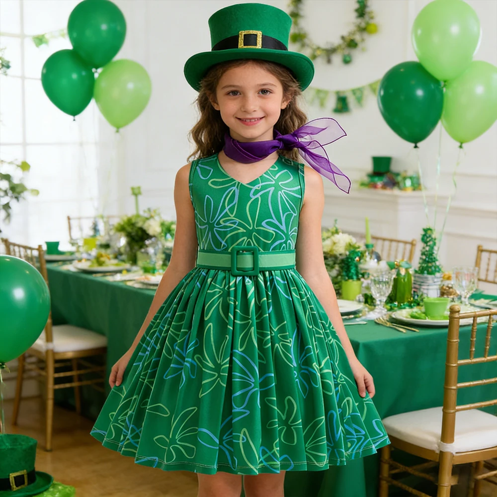 Vestido Infantil para el Festival Green Hat, Regalos para Fiestas de Cumpleaños, Vestido de Princesa, Disfraz de Cosplay de Inside Out Disgust, Vestido de Verano para Niñas