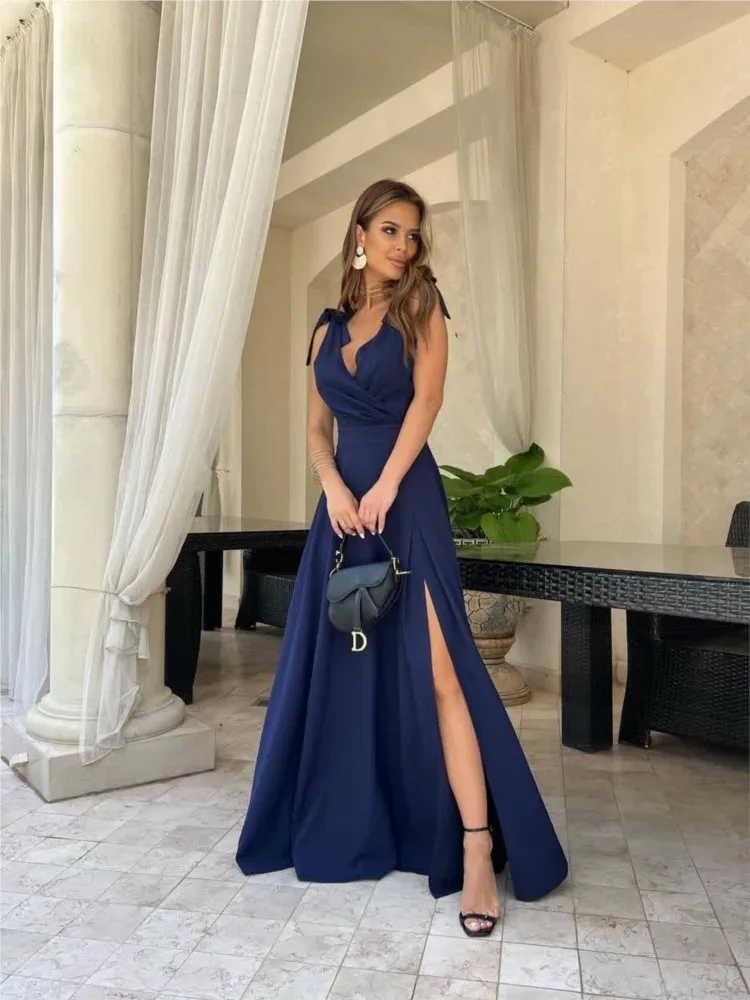 

New Women's Fashion V-neck Sleeveless Waist Wrap Slim Split Dresses Summer Solid Color Extended Evening Long Dress