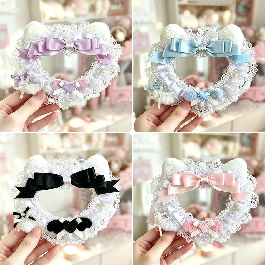Cat Ear Lace Hollow Photocard Holder 3 Inch Clear PVC Window Polaroid Photo Card Display Frame Lolita Bow Decor Card Protector Collectible Fan Trading Card Display Ornament Hollow Heart Card Sleeve