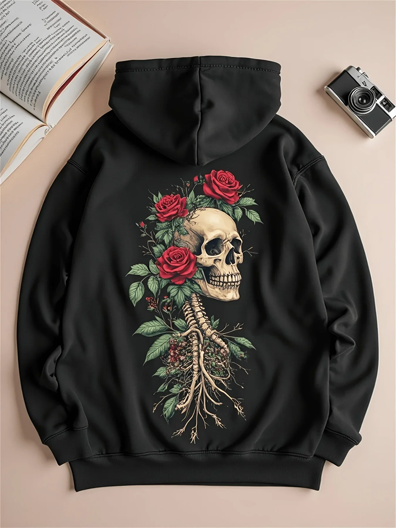 New autumn and winter men's and women's long sleeved hooded sweatshirt, gothic style skull rose poker print trendy personality