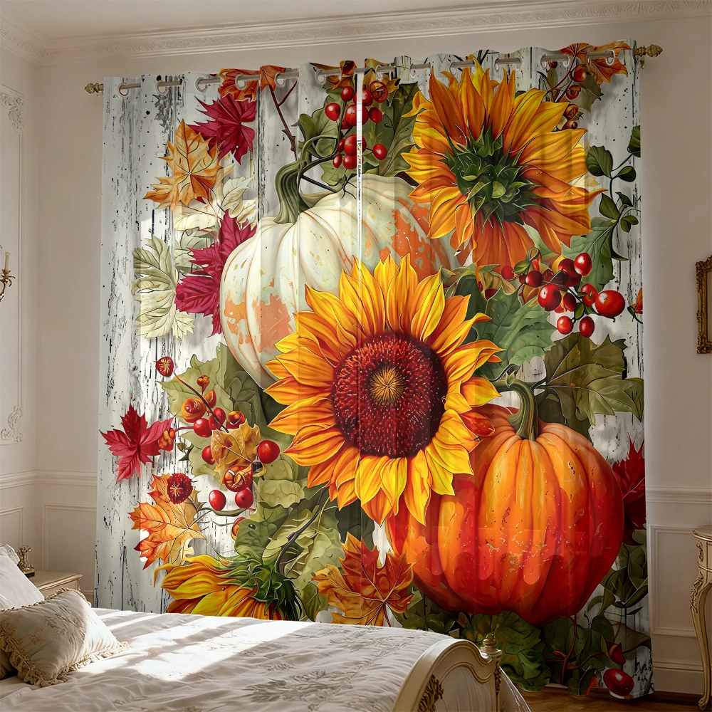 2pcs retro pumpkin sunflower autumn leaf curtains living room and bedroom, providing shading  fashionable home decoration