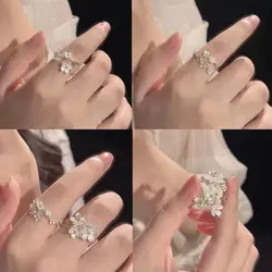Unique Delicate Flower Opening Adjustable Rings For Women Silver Color Minimalist Finger Engagement Jewelry Female Gift N3K6