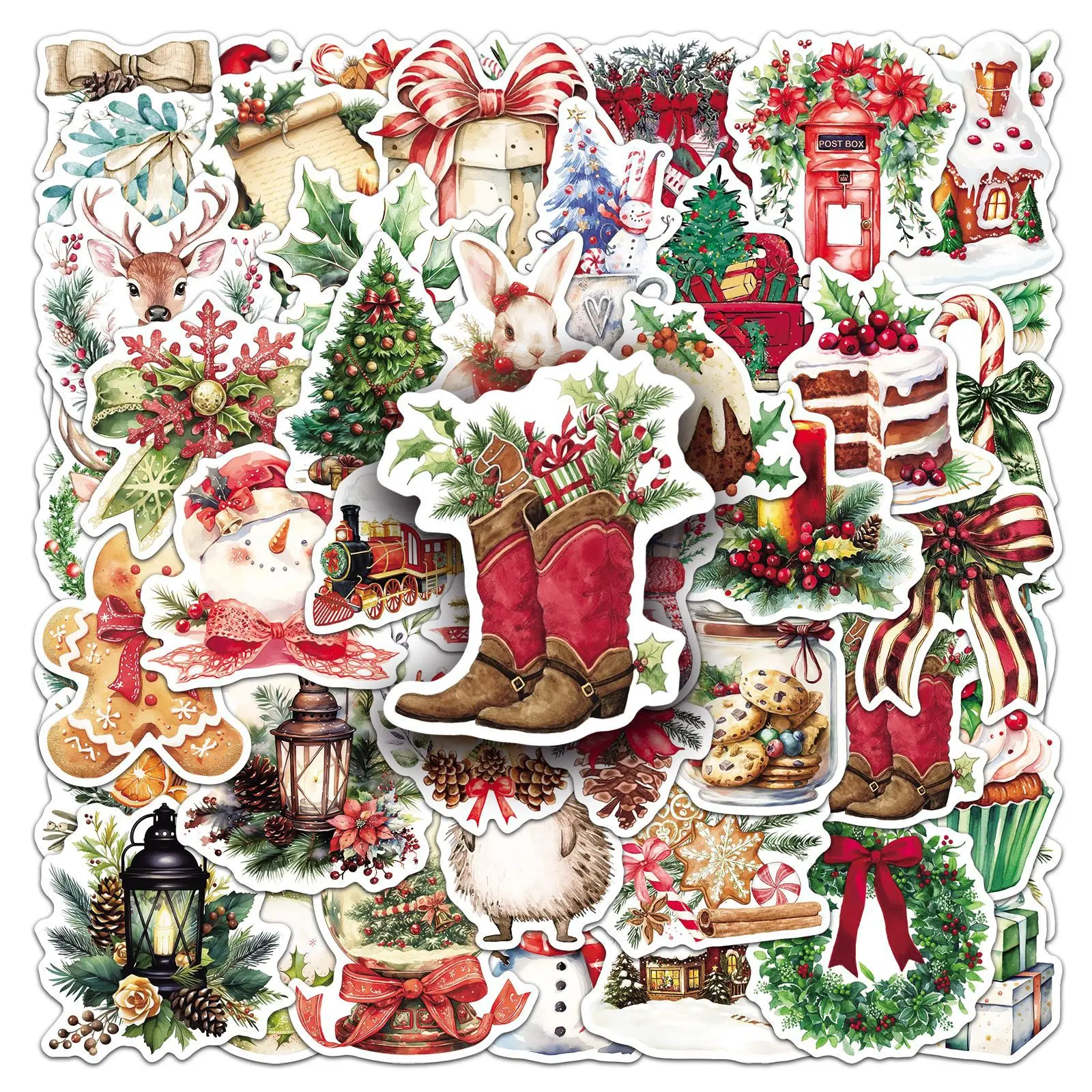 50 Stück Vintage Aquarell Weihnachts-Graffiti-Aufkleber für Laptop Handy Handyhülle Kühlschrank Wanddekoration Sticker