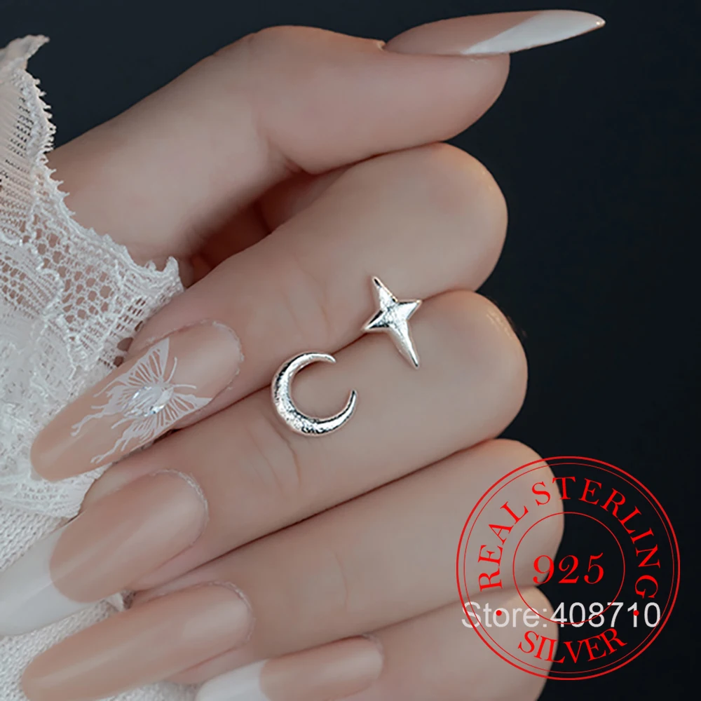 

925 Sterling Silver Jewelry Mini Asymmetric Star and Moon Stud Earrings for Women Wedding Party Jewelry For Girls Friend Gift