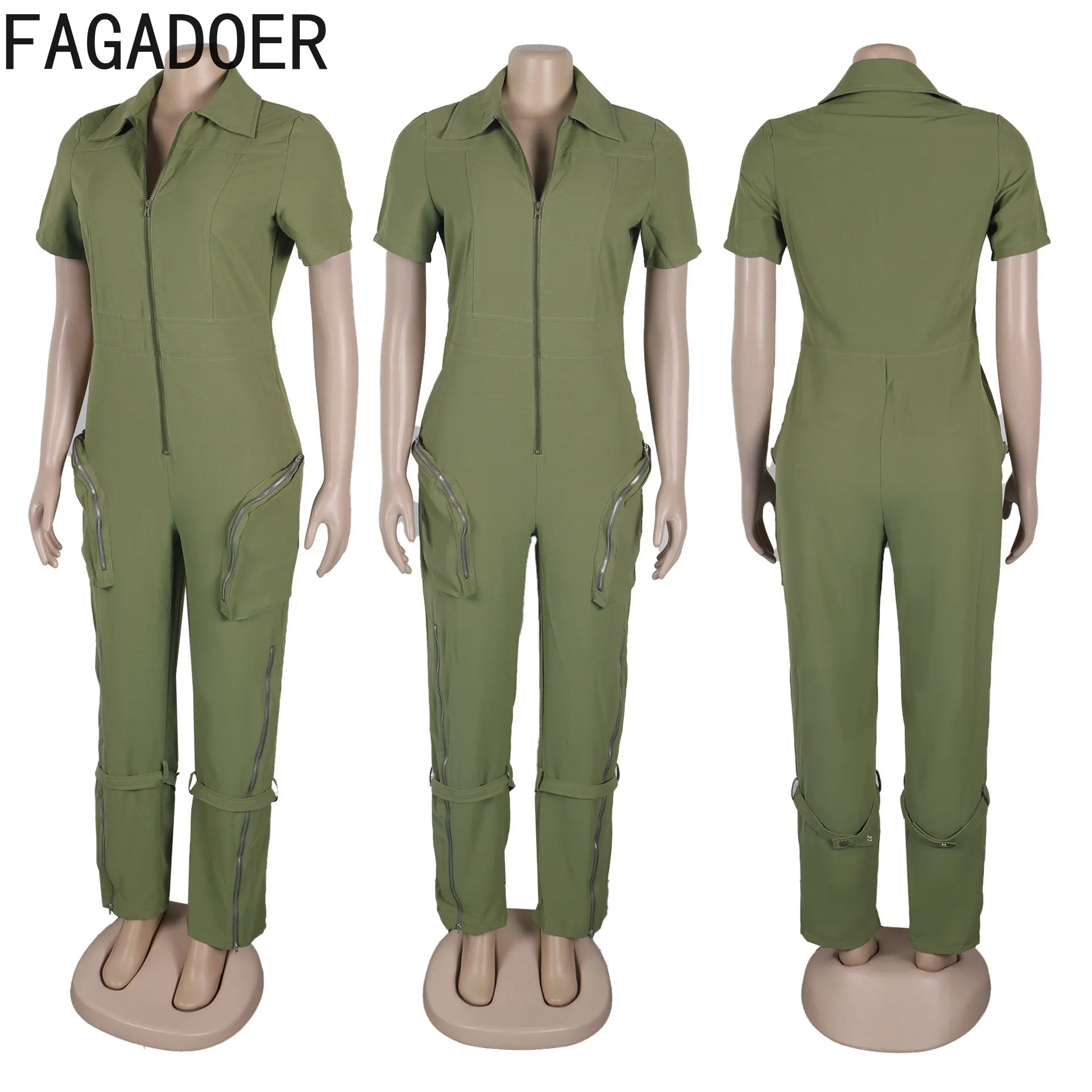 FAGADOER Sexy Solid Pocket Cargo Pants Jumpsuits Women Deep V Short Sleeve Bodycon Playsuits Fashion Sporty One Piece Overalls