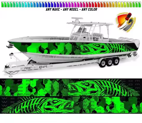 Camo Lime Green Seabass Graphic Boat Vinyl Wrap Decal Fishing Bass Pontoon Decal Bowriders Deck Watercraft Any Model Boat