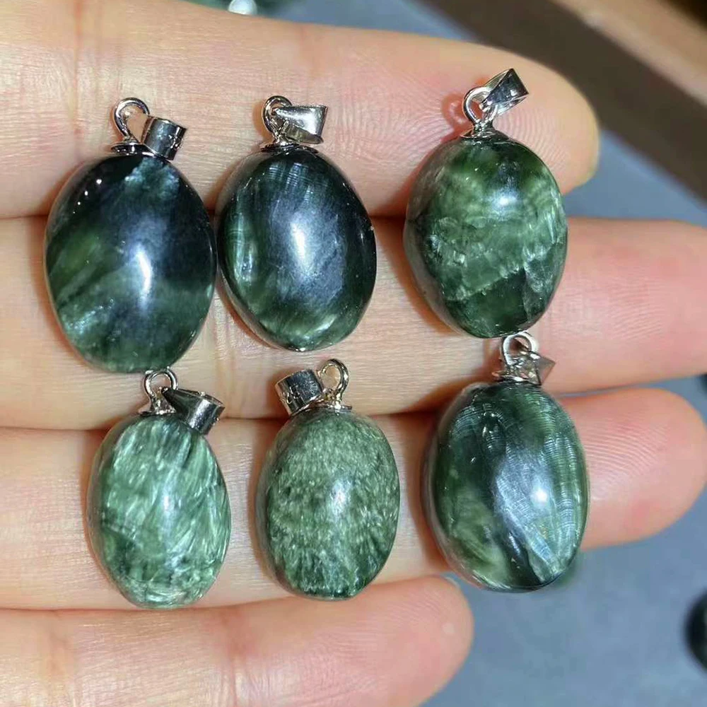 Unit One Piece Natural Green Seraphinite Gemstone Crystal Cabochon Necklace Pendant With 925 Silver Hook