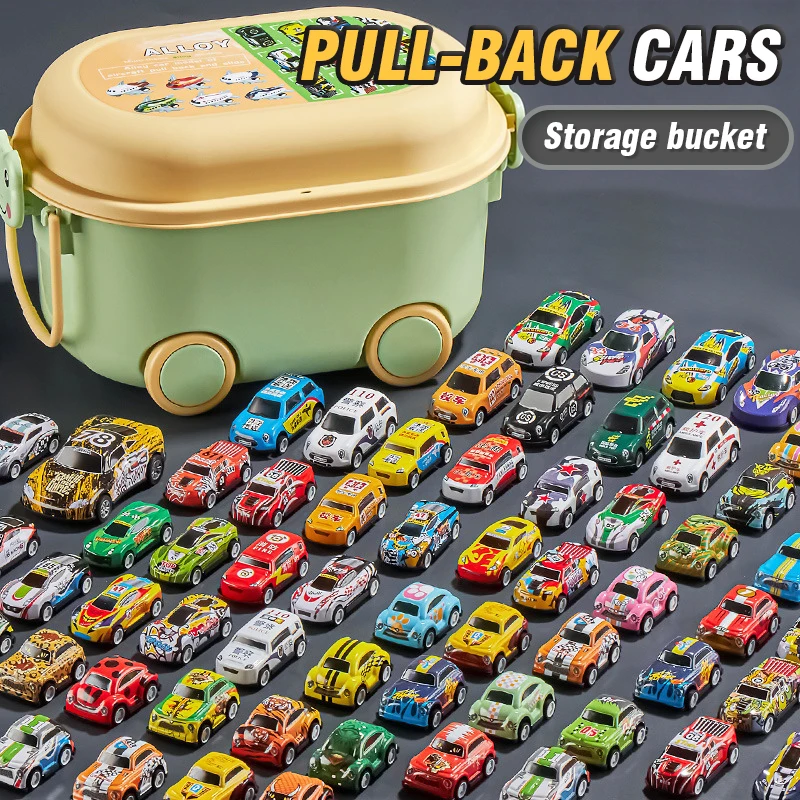 50Pieces Alloy Car Model Pull-back Inertia Car Educational Toy with Storage Box Bucket-shaped Set Birthday Holiday Gifts