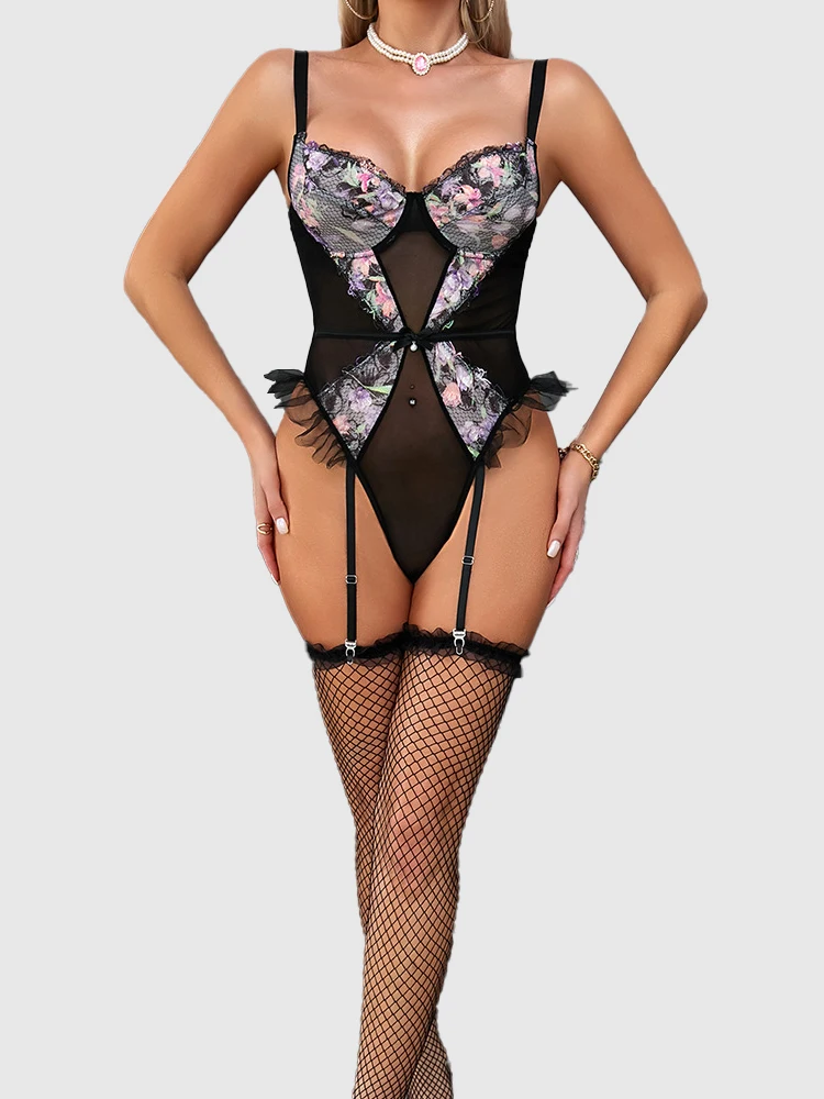 

Women Mesh Embroidery Lingerie Bodysuit Sexy Slim Underwear Set Playful Fiery Beautiful Suspender Jumpsuit Ladies Apparel