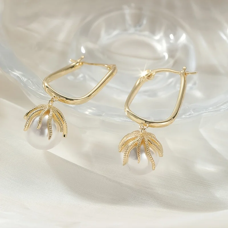 Fashionable Golden Rectangular Ring Earrings Texture Starfish Wrapped Imitation Pearl Pendant Earrings Elegant Daily Women Gifts