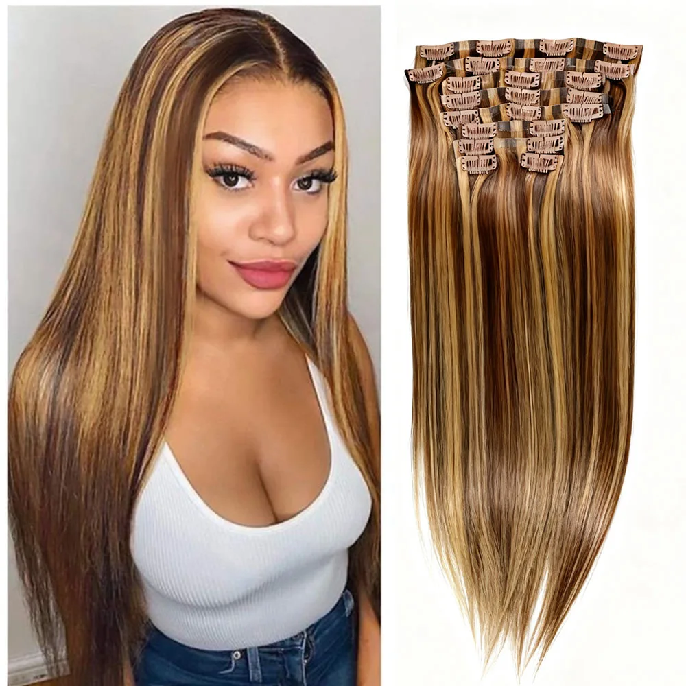 Destaque ombre clipe em extensões de cabelo em linha reta cabelo humano 24 26 Polegada colorido 100% cabelo humano 9 pçs/set extensões clipe ins