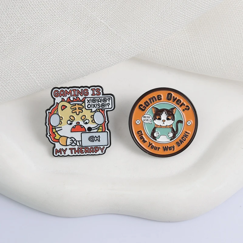 Cute Gaming Cartoon Cat Enamel Pins Gaming Is My Therapy Brooches Fashion Lapel Badge Backpack Clothes Jewelry Gift for Friends