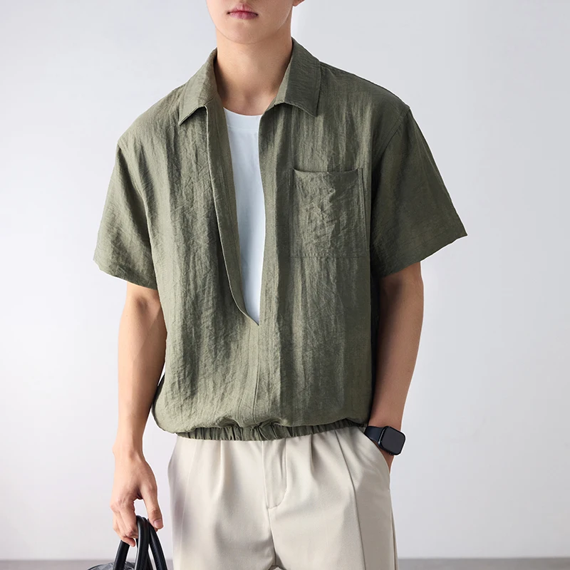 

Splice Collar Summer Lightweight Breathable Shirt Men Fashion Vintage Plus Size Loose Casual Short Sleeve Pullover Shirts Tops