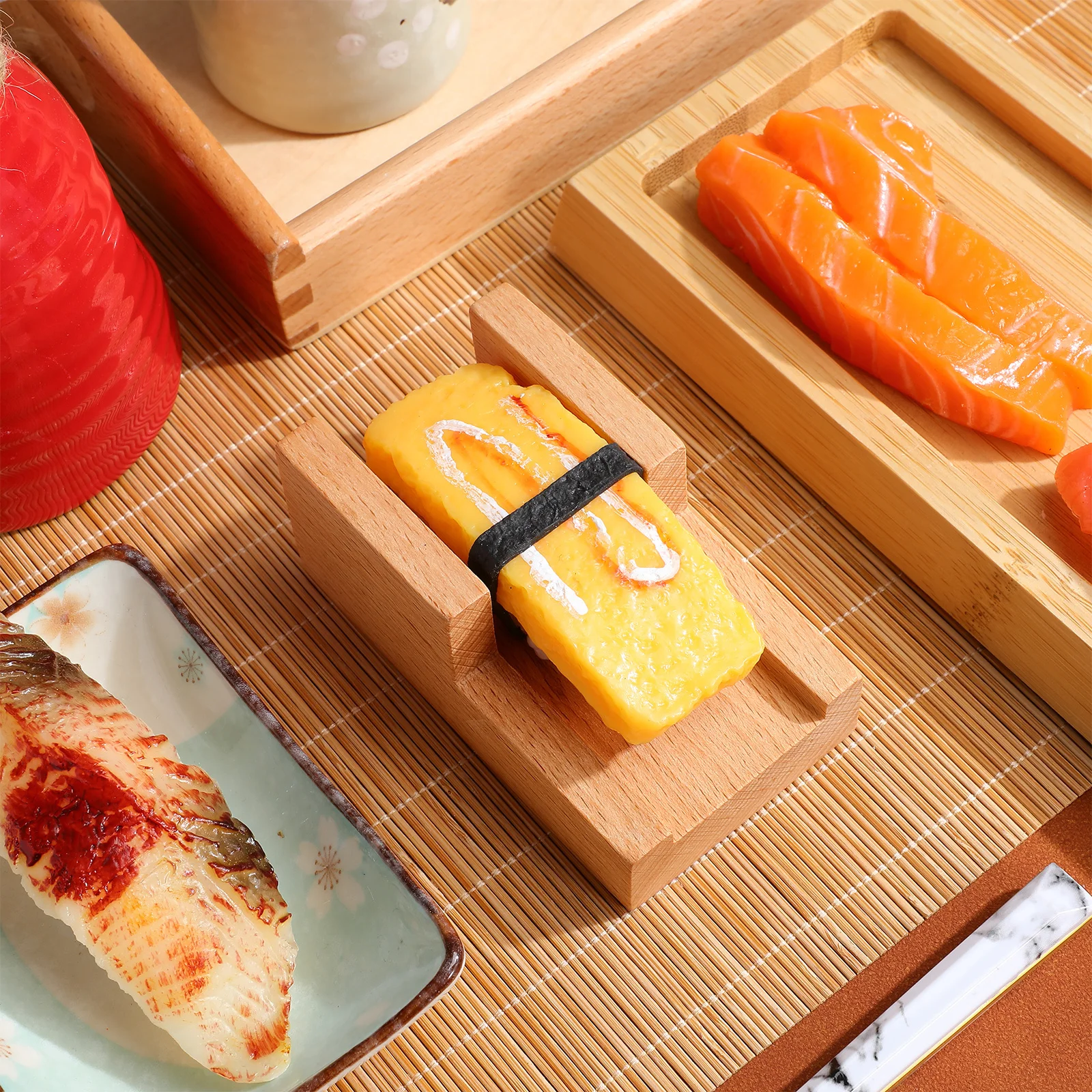 

Wooden Sushi Rack Japanese Style Sushi Holder Flat Slot Taco Stand Sea Urchin Hand Roll Display Restaurant Serving Rack